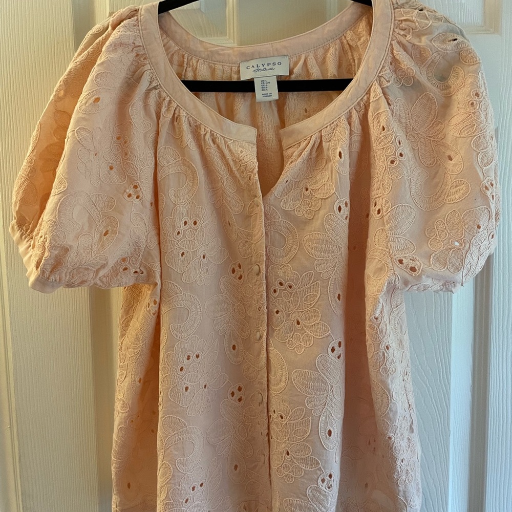 Calypso St BarthPeach Color Eyelet Puff-Sleeve Women's Top size L.